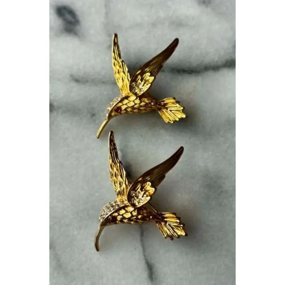 Vintage Gold Tone Hummingbird Brooches Pins Rhinestones Red Eye 1960s Lot of 2